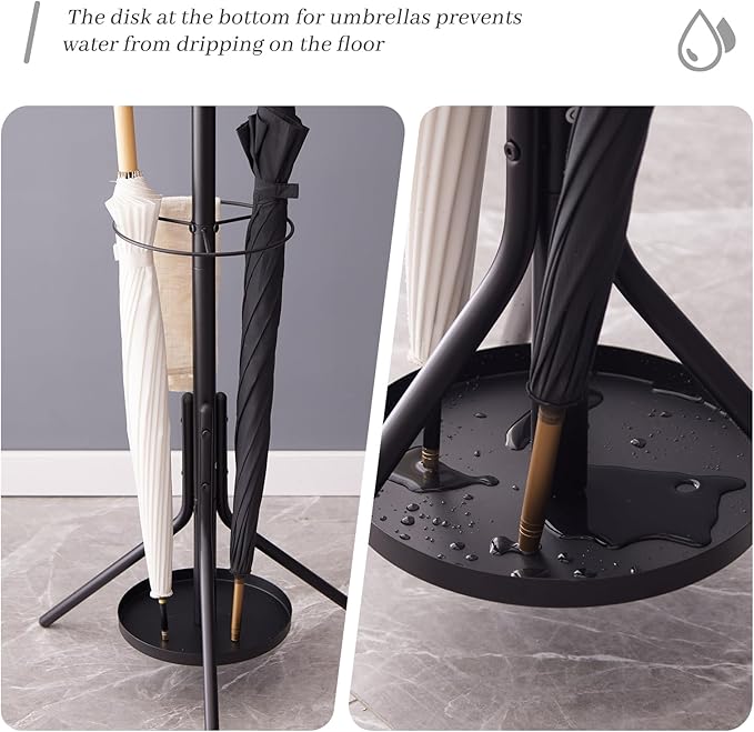 Kitsanery Coat Rack Freestanding,Metal Coat Tree with Umbrella Holder,Hat and Coat Rack Stand for Entryway, Hallway, Living Room, Bedroom (Black)