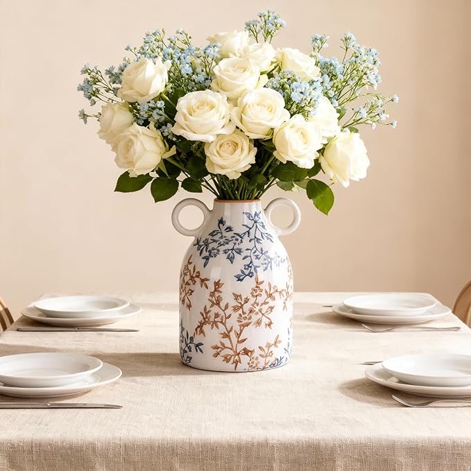 Blue Floral Ceramic Vase with Handle, Nordic Boho Small Vases Side Table Flower Centerpiece, Wide Mouth Single Flower Vase Pampas Grass Decorative - for Home Window Sill Living Dining Room Kitchen