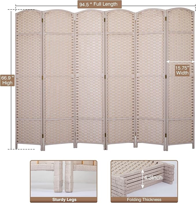 Room Divider 6 Panel 5.6 FT Tall Privacy Screen Waterproof Wood Frame Partition Room Dividers and Folding Privacy Screens Freestanding Wall Divider Indoor and Outdoor for Portable Room Separation
