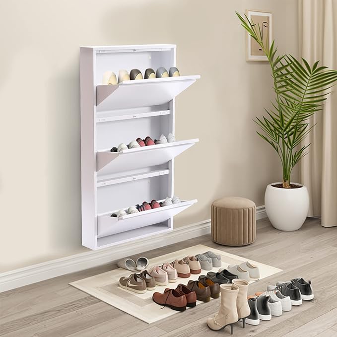 Hidden Shoe Cabinet White Metal Slim Shoe Cabinet Storage with 3 Flip Drawers Modern Entryway Wall Mount Narrow Shoe Rack for Living Room, Bedroom, Hallway