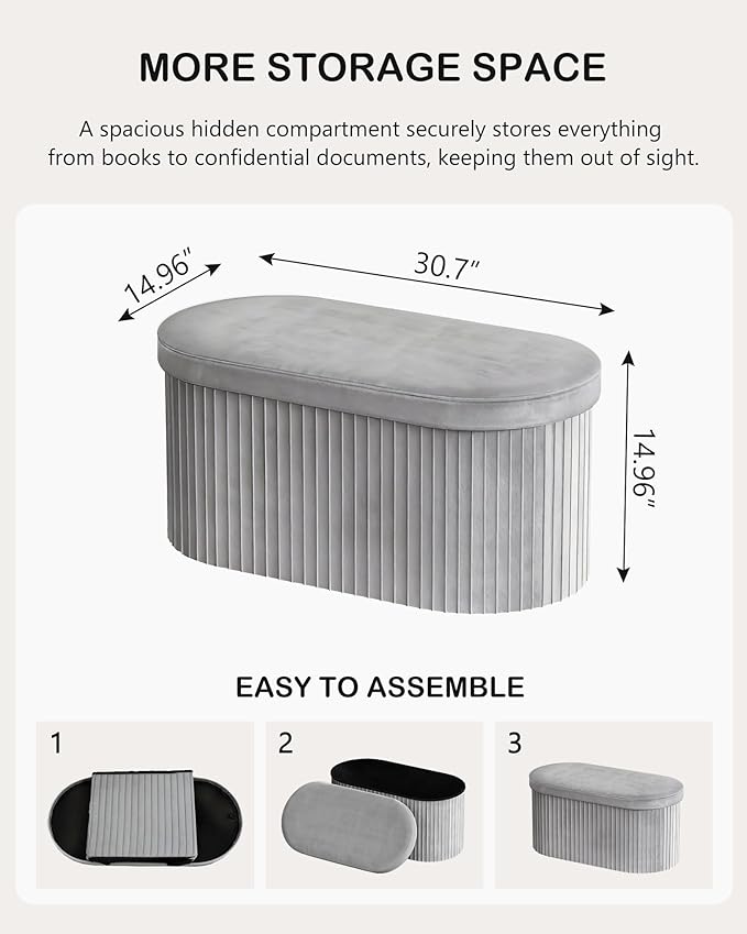 GLAXYFUR Oval Folding Storage Ottoman, Velvet Upholstered Foot Rest, 30 x 15 x 15 Inches Storage Bench for Bedroom, Living Room & Entryway (Grey-New)