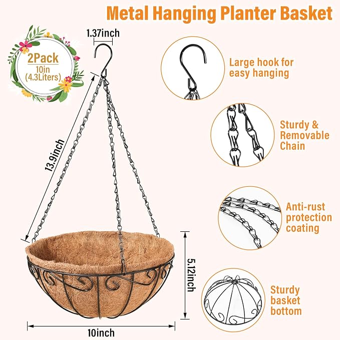 Legigo 2 Pack 10 Inch Metal Hanging Baskets for Plants Outdoor- Round Wire Hanging Planters Basket with Coconut Coir Liner, Hanging Flower Pot for Outdoor Plants Flowers Garden Decorations
