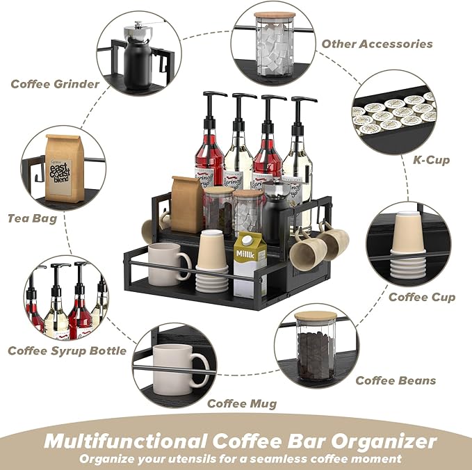 Coffee Syrup Organizer for Countertop, 2-Tier Coffee Bar Organizer with K Cup Storage Drawer, Syrup Rack Station for Accessories, Table Holder Stand for Wine,Tea,Condiment (Classic Black)