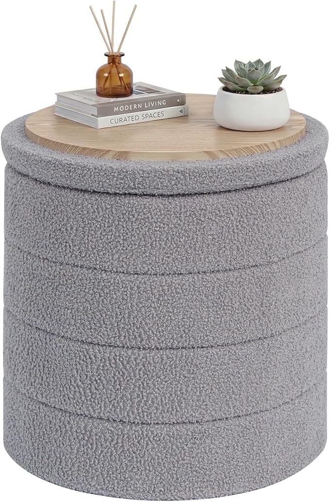 17" Round Storage Ottoman,Boucle Sherpa Ottoman with Tray, Faux Teddy Foot Rest Coffee Table for Bedroom Dorm Living Room,Grey