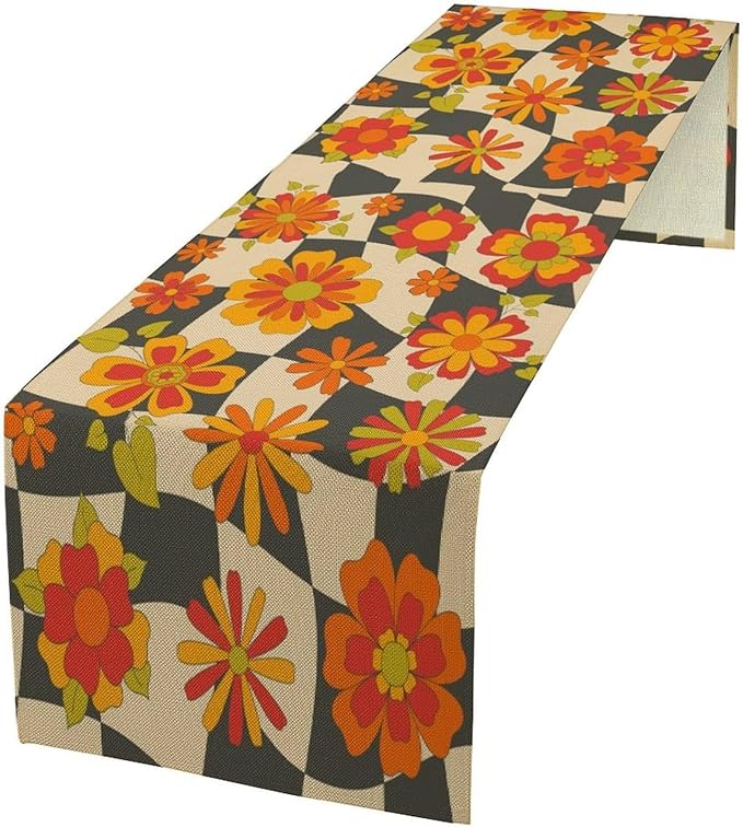 Retro Floral Checkered Table Runner 60s 70s Vintage Flowers Twisted Colorful Groovy Trendy Hippie Grid Farmhouse Country Dinner Runner for Home Kitchen Dining Table Party Holiday Decor 13"x36"