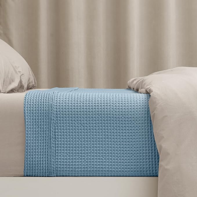 PHF Pre-Washed 100% Cotton Waffle Weave Blanket Queen Size for Bed,Snag Proof Throw Blanket for Couch Spring Summer Lightweight Breathable,Machine Washable, Home Decor Gift - Dusty Blue