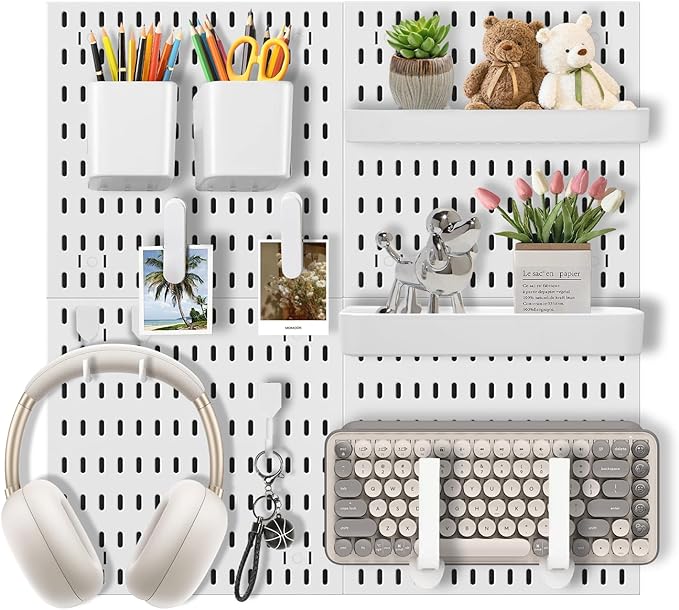 Pegboard Wall Organizer Set – 4 Peg Boards with Hooks & Shelves – Office, Kitchen, Gaming Room Desk Pegboard Storage – Peg Board Wall Display Rack (White)