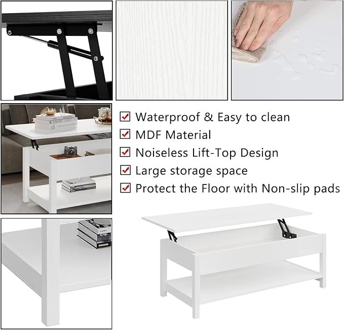 Panana Lift Top Coffee Table with Hidden Compartment and Open Shelf, Lift Tabletop Pop-Up Coffee Table for Living Room, 45.28" L, White