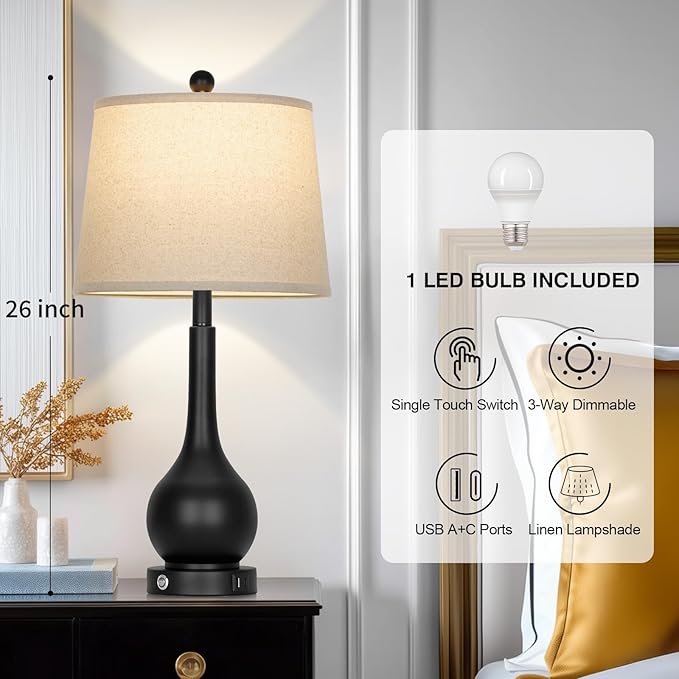 26" Black Table Lamp for Living Room Single, Touch Control Bedroom Lamps for Nightstand, 3-Way Dimmable Bedside Lamp with USB A+C Port (1 Pack)