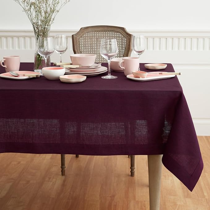 Solino Home Linen Tablecloth 60 x 120 Inch - 100% Pure Linen Chambray Burgundy Table Cloth for Rectangle Tables - Athena, Machine Washable Tablecloth