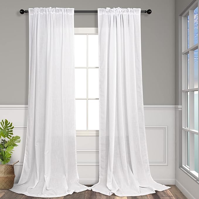 Pitalk 60 Inch Wide Curtains for Living Room 2 Panels Back Tab Pocket Drape Semi Sheer Linen Extra Large Curtains for Home Office Hotel Flat Family Sunroom Loft 5 FT Width by 9 FT Long 60 x 108 White