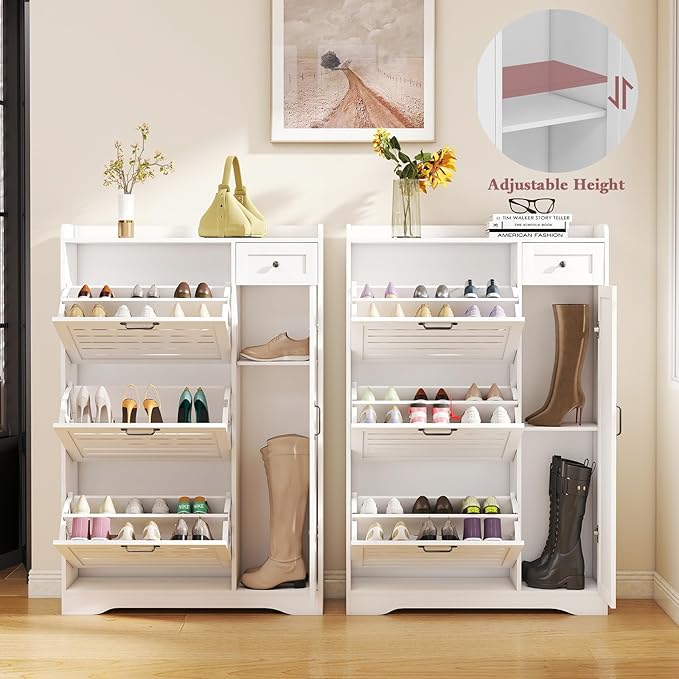 Narrow Shoe Storage Cabinet with 3 Flip Drawers, Doors & Adjustable Shelves, Slim Shoe Rack Cabinet for Entryway Closet, Deodorizing Wooden Boot Storage Organizer Freestanding Hidden, White