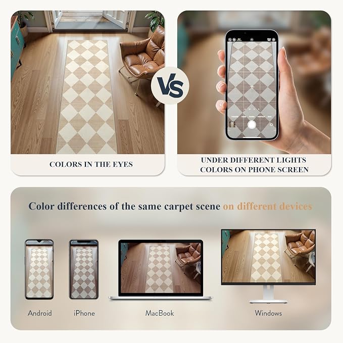Beeiva Checkered Print Carpet Runners for Hallway 6ft, Beige Ultra Thin Washable Kitchen Runner Rug Non Slip, Moroccan Plaid Checkerboard Decor Faux Wool 2x6 Rug for Bedroom Bathroom Entryway