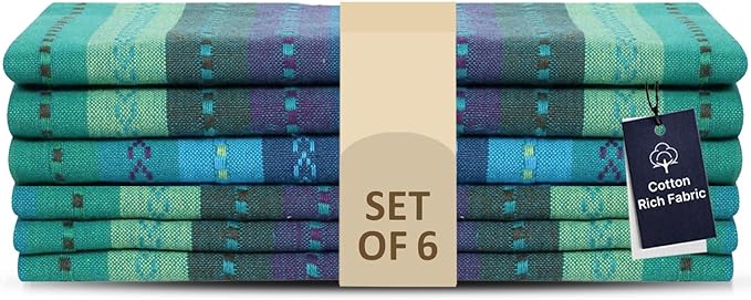 LFH Home Cotton Rich Cloth Salsa Napkin Set of 6 Washable Soft Durable Striped Table Napkins for Dining Wedding, Daily Use Reusable Eco-Friendly Napkins for Elegant Table Settings(18x18)-Teal