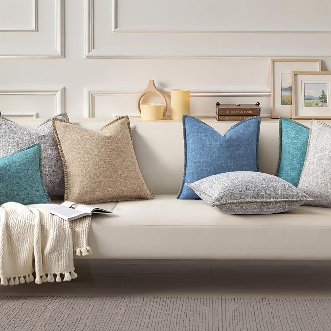decorUhome Summer Decorative Throw Pillow Covers 24x24 Set of 2 Square Faux Linen Farmhouse Euro Sham Pillow Covers with Stitched Edge Outdoor Pillow Covers for Couch Sofa Living Room, Teal