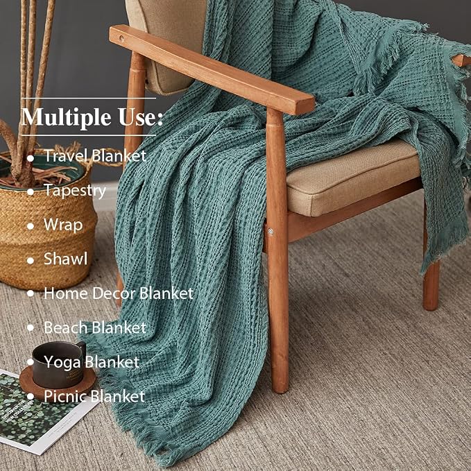 Simple&Opulence 100% Cotton Throw Blanket for Couch, Bed, Waffle Weave Cable Knit Blanket with Tassels, Soft Lightweight Pre-Washed Breathable Cozy Blanket Farmhouse Decoration for All-Season (Green)