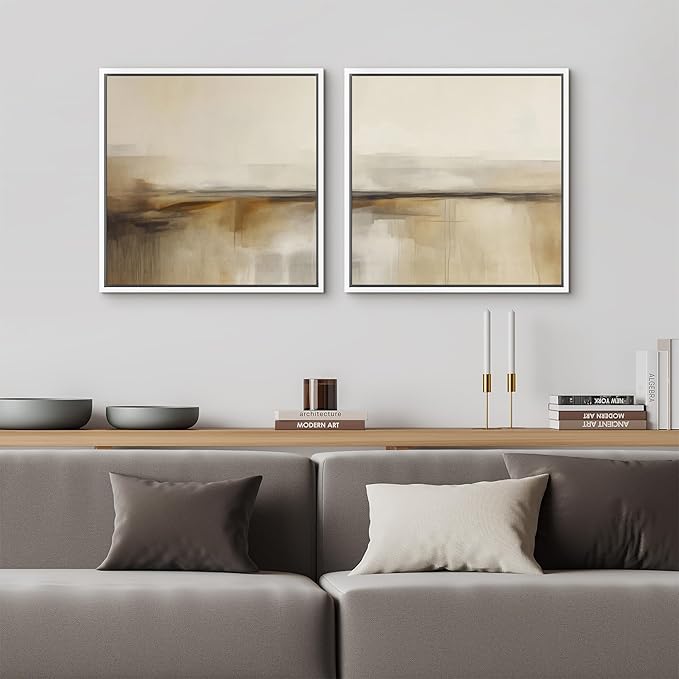 SIGNFORD Framed Canvas Print Wall Art Set Neutral Abstract Horizon Beige and Brown Illustrations Modern Art Minimal Relax/Calm for Living Room, Bedroom, Office - 24"x24"x2 White