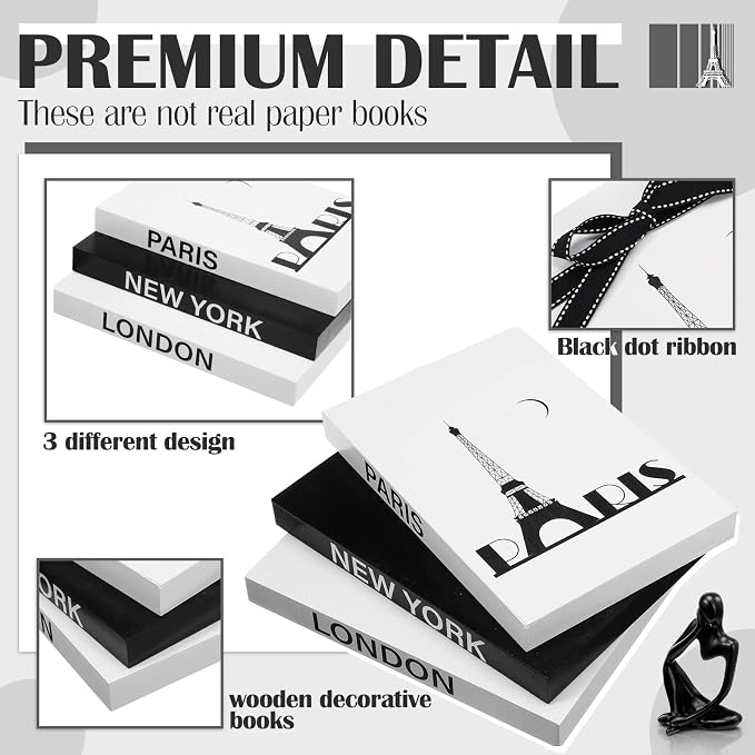 Wesiti 4 Pcs Decorative Books for Home Decor with Resin Statue Thinker Decoration Wooden Farmhouse Stacked Books Modern Decorative Bookends Stack for Tables Shelf Decor(Black)