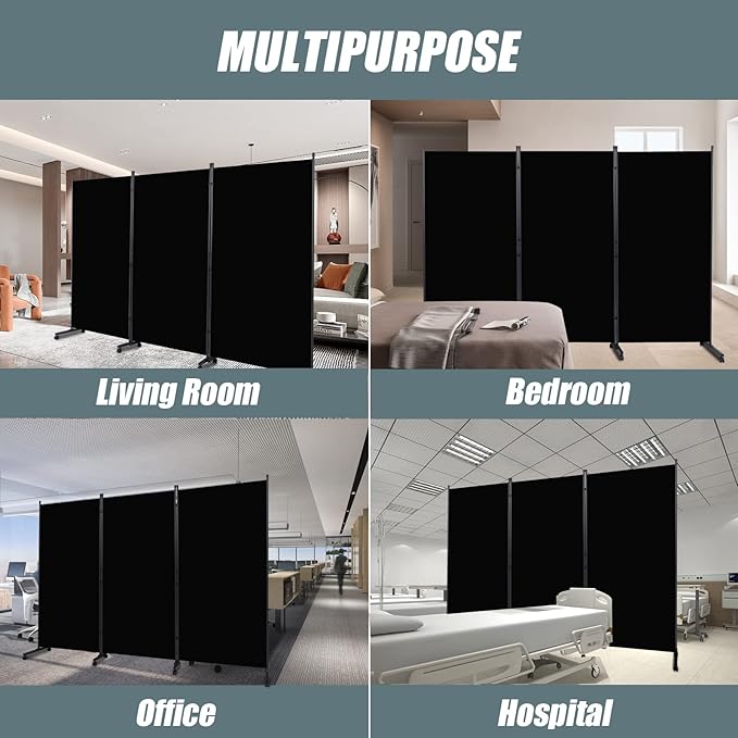 Room Divider Portable Partition Room Dividers and Folding Privacy Screens Fabric Panel Wall Divider for Room Separation, Freestanding Fabric Room Divider Panel/Wheels (Matte Black, 3 Panel-102'')