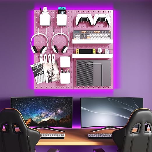 Peg Board Combination Kit, 8 Pegboards with 40 Accessories, Pegboard Wall Organizer for Office, Nursery & Home Storage, Key Holder, 51.2"x25.6" – Nail-Free Installation（Pink）