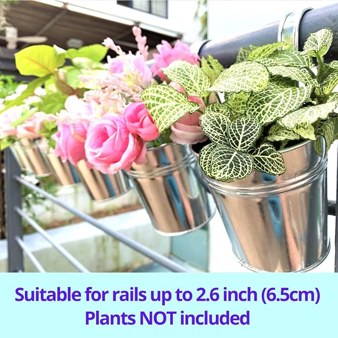 LaLaGreen Fence Planters for Outdoor Plants (10 Pack, 6 Inch) Railing Planter Metal Herb Garden Pots Outdoor, Hanging Silver Flower Buckets for Outside Wall Deck Patio Balcony Rail Farmhouse Rustic