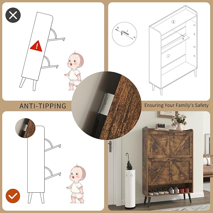 Shoe Cabinet Storage with 2 Flip Drawers, Hidden Shoe Cabinet for Entryway Slim, Farmhouse Shoe Organizer with Wood Legs, Narrow Shoe Rack Cabinet, Rustic Brown