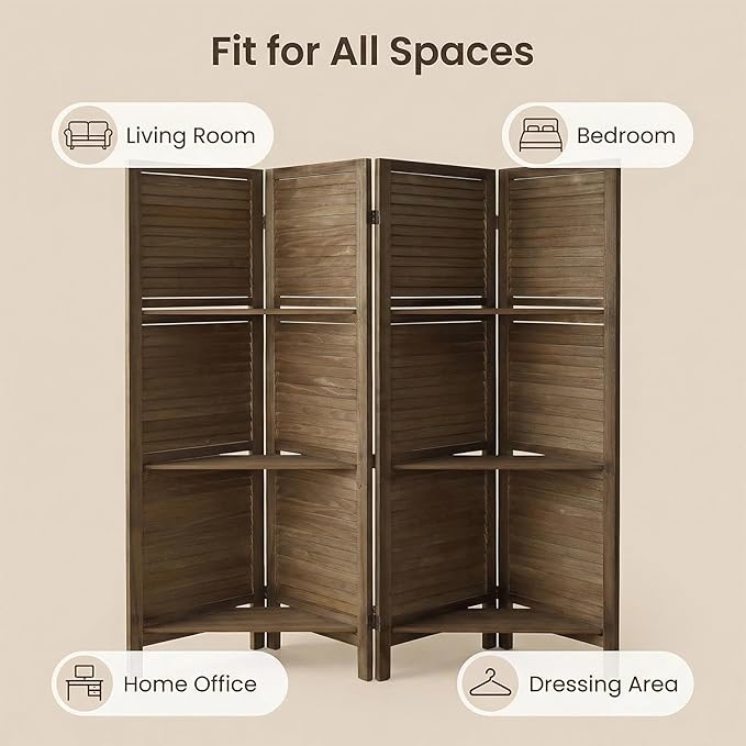 Bluecat 4 Panel Room Divider with Shelves, 64" W x 67" H Foldable Privacy Screen, Freestanding Solid Wood Partition Wall for Home Office Bedroom, No Assembly Required, Natural