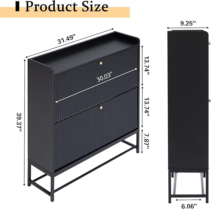 RARZOE Set of 2 Fluted Shoe Cabinets for Entryway with 2 Flip Drawers, Narrow Wood Shoe Cabinet with Fluted Panel, Freestanding Hidden Shoe Rack with Metal Legs for Foyer,Hallway(31.5''Black)