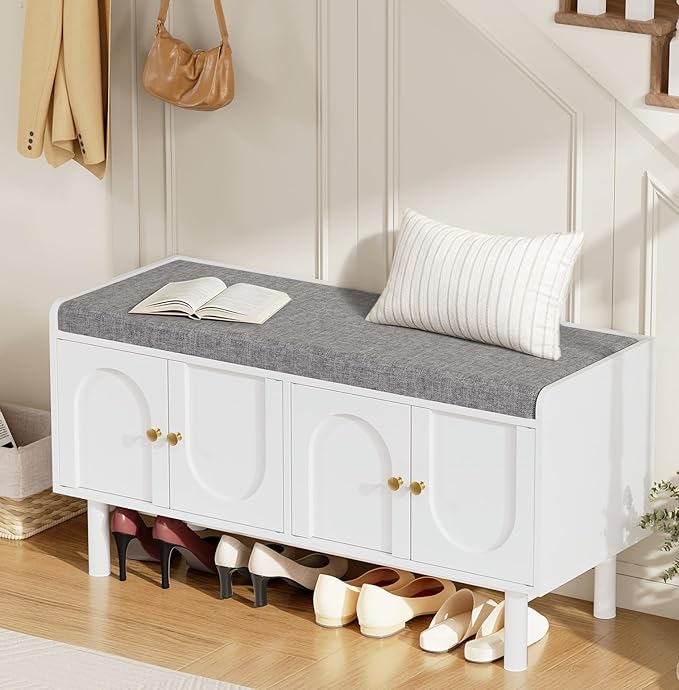 Shoe Storage Bench Set of 2, 2-Tier Entryway Bench with Cushion, 15" D x 39.4" W x 19.7" H, Shoe Cabinet Bench with 4 Doors and Adjustable Shelves, for Entryway, Hallway, Bedroom, White