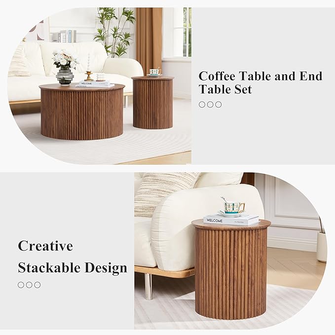 Fluted Round Nesting Coffee Table Set of 2, Mid Century Modern Wood Coffee Table and End Table Set, Minimalist Center Tables Circle Side Table for Living Room, Office(Walnut)