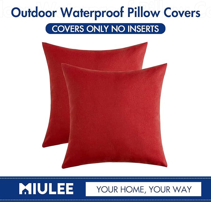 MIULEE Pack of 2 Decorative Outdoor Solid Waterproof Throw Pillow Covers Euro Sham Faux Linen Garden Farmhouse Cushion Cases for Summer Patio Tent Balcony Couch Sofa 22x22 Inch Red