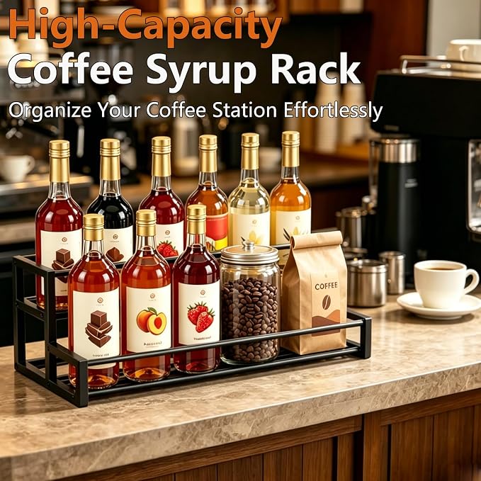 Expandable Coffee Syrup Organizer, Heavy Duty Syrup Rack Enlarged 6-12 Bottles Syrup Stand for Coffee Bar Accessories, Width Adjustable Space-Saving Storage Coffee Rack