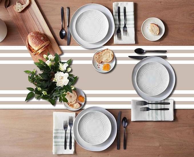 Emvency Khaki White Light Brown Stripes Table Runner and Placemats Set of 6,Modern Geometric Painting Art Dining Decor for Daily Use(1 Table Runner 72 inches Long and 6 Placemats)