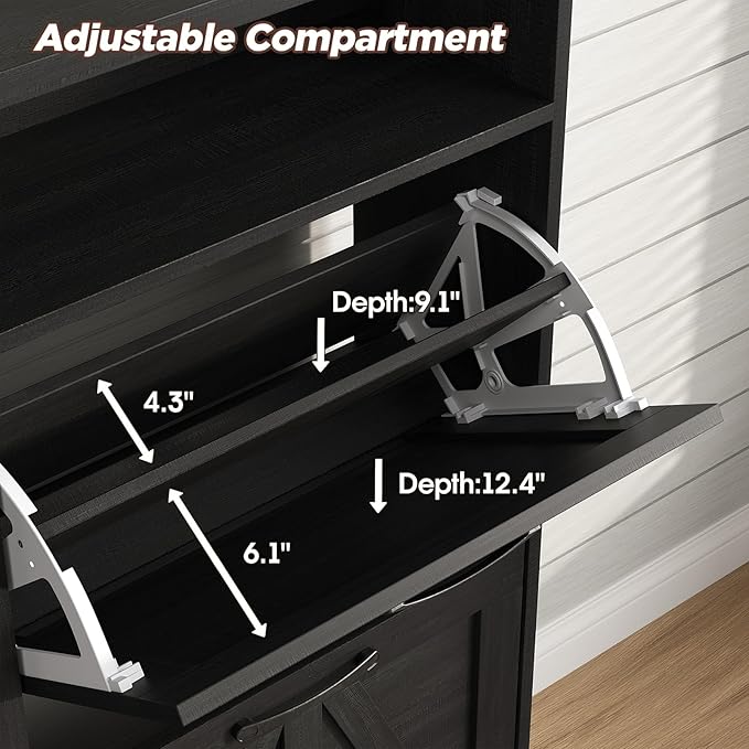 Vabches Shoe Cabinet with 4 Flip Drawers,Narrow Shoe Storage Cabinet for Entryway,Farmhouse Freestanding Shoe Organizer Rack for Hallway,Black