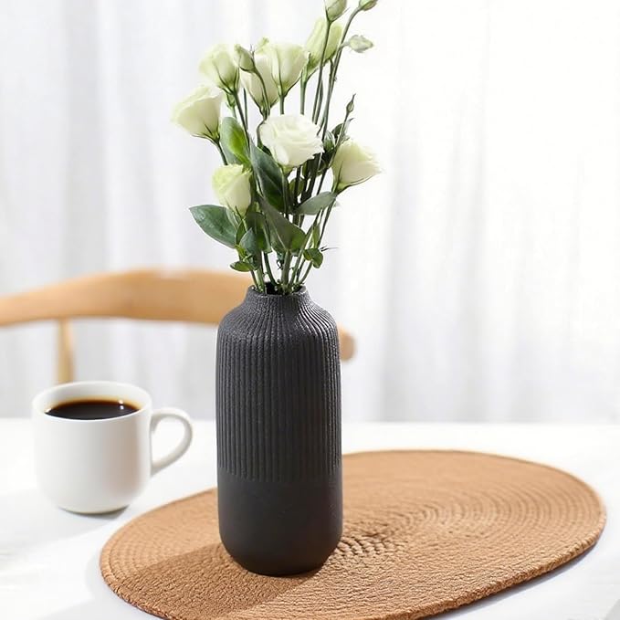 Black Ceramic Vase for Flowers, 8 Inch Flower Vases Home Decor, Black Boho Vases for Pampas Grass, Vase for Centerpieces Living Room Table Entryway Shelf