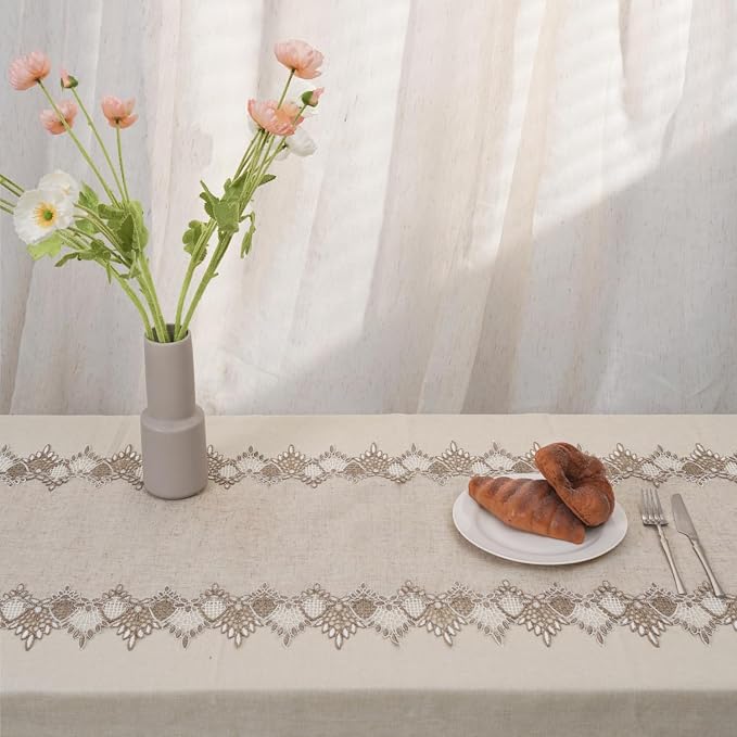 Phantomon Neutral Linen Table Runner 51 Inches Beige Embroidered Runner Lace Centerpiece for Dresser Tops, Dining Tables, Coffe Table and Home Decorations for Farmerhouse (Beige, 16 X 51 Inch)