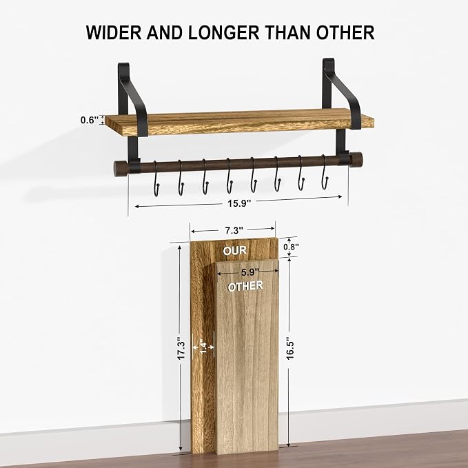 Love-KANKEI Floating Shelves Wall Mounted Set of 2, L17.3 x W7.3 Inch Storage Shelves with Wood Bar and 8 Removable Hooks for Kitchen, Coffee Bar,Bathroom, Bedroom, Living Room Carbonized Black