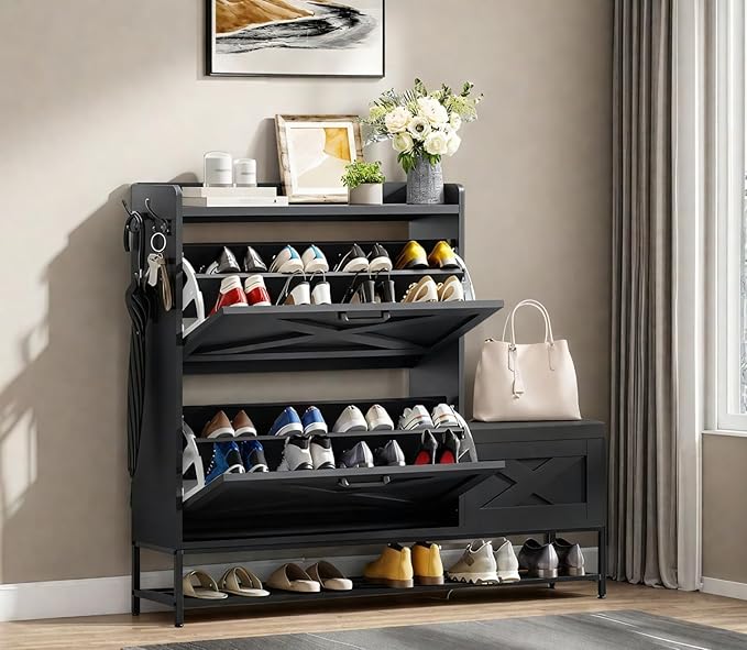 DWVO Farmhouse Shoe Cabinet, Slim Shoe Storage Cabinet with Bench, Narrow Shoe Organizer for Entryway, Living Room, Hallway (Black)