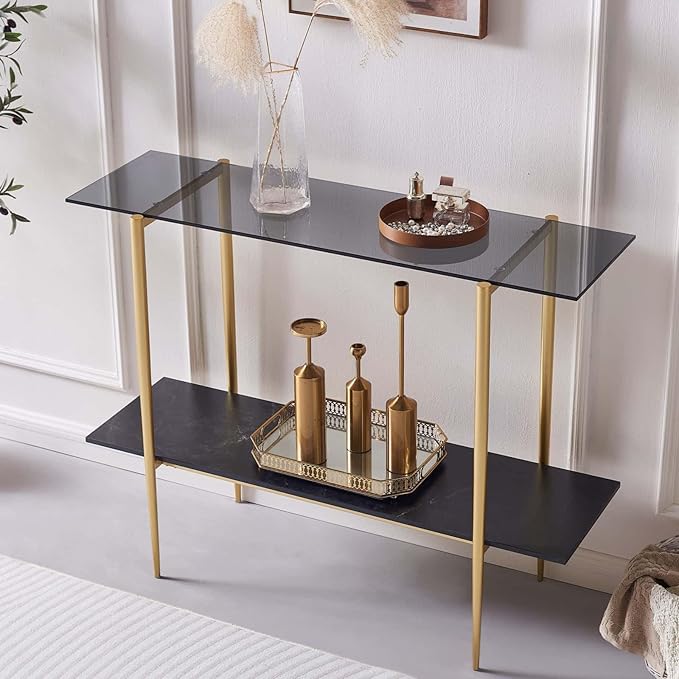 LumFurn Glass Console Table for Living Room, Foyer & Entrance, 2-Tiers Mid-Century Modern Sofa Table with Grey Glass Top, Black Marble Finish Wood Shelf and Gold Finish Frame