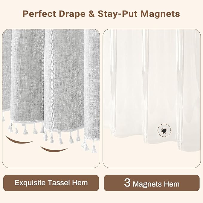 BTTN 3 in 1 Shower Curtain with Liner, Grey Boho Linen Striped Cloth Shower Curtain Set with Plastic Hook, Farmhouse Bohemian French Country Waterproof Fabric Shower Curtain for Bathroom, Gray, 72x72