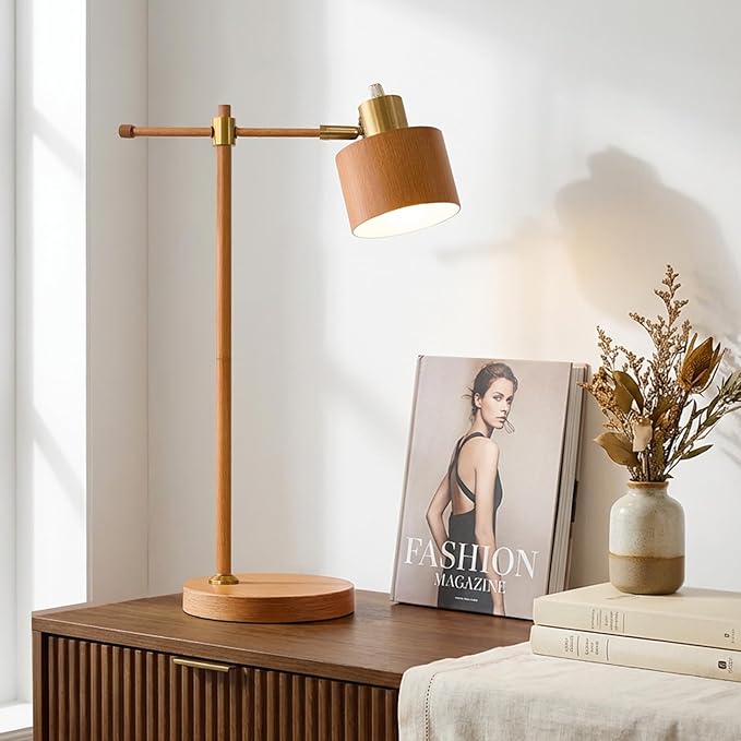 OYEARS 22.2" Mid Century Desk Lamp, Modern Metal Table Lamp with LED Bulb, Adjustable Reading Lamps, Industrial Task Lamp for Home Office, Farmhouse Bedside Lamps with Solid Base, Woodgrain