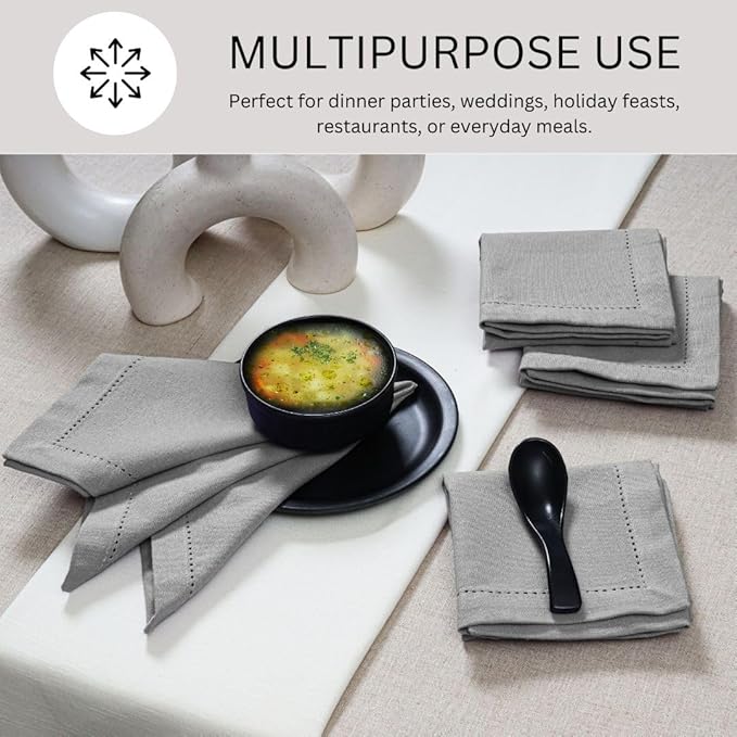 Hemstitch Cloth Dinner Napkins 100% Cotton Set of 12 - for Dining Special Occasions Weddings Parties Holidays Easter - Soft Durable Washable - 18x18 Inch Table Cloth Napkins Light Grey