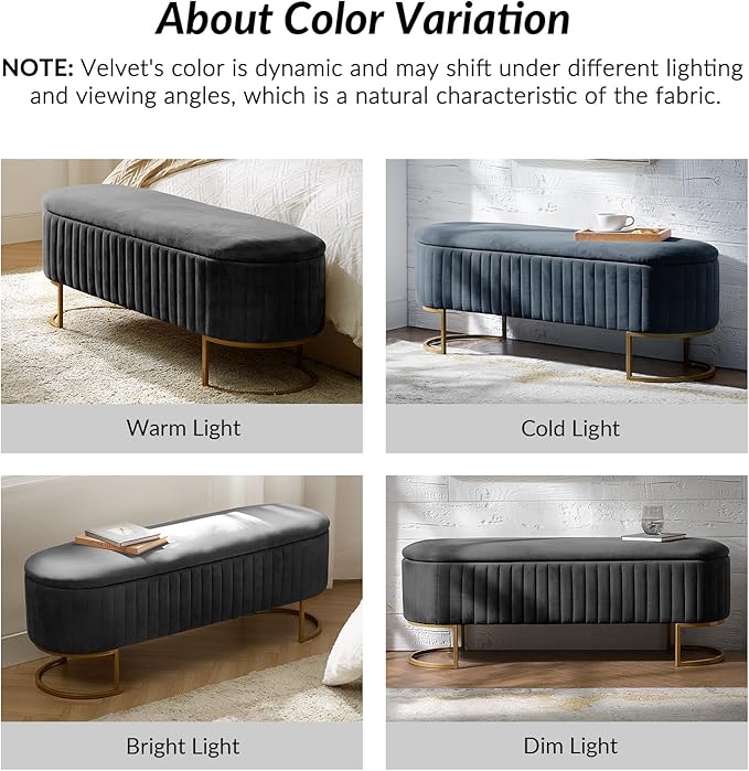 50.5” Velvet Storage Ottoman Bench with Gold-Toned Legs, Luxury Upholstered End of Bed Multi-Functional Footrest & Seat for Bedroom & Entryway