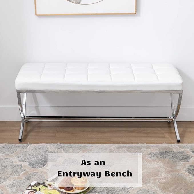 HEAH-YO Modern Button Tufted Bench, PU Faux Leather Ottoman Dining Bench, Stylish Footstool for Entryway Bedroom Kitchen Dining Table, White