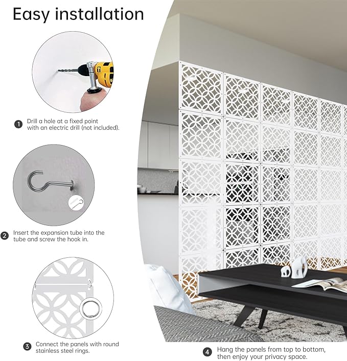 Boshen 24PCS Hanging Room Divider Wall Screen Panel Room Divider Panels Privacy Screen Divider Home Decor for Living Room Bedroom Home Office Restaurant Decor-White02