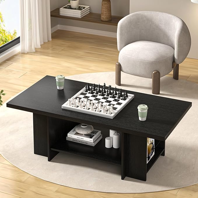 FOLUBAN Black Coffee Table with Storage Bottom Shelf & Side Shelves, Modern 2-Tier Living Room Center Table, Rectangular Wood Cocktail Tea Table for Home Office, 47 Inch