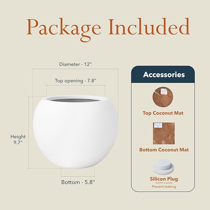 KUTE NEST 9.7" H x 12" D Premium Globo Fiberstone Round Planter with Drainage Hole, Smooth Finishes, Weather Resistant for Indoor and Outdoor Use, Included 2 Extra Coco Mats (White, 7.8" Pot Opening)