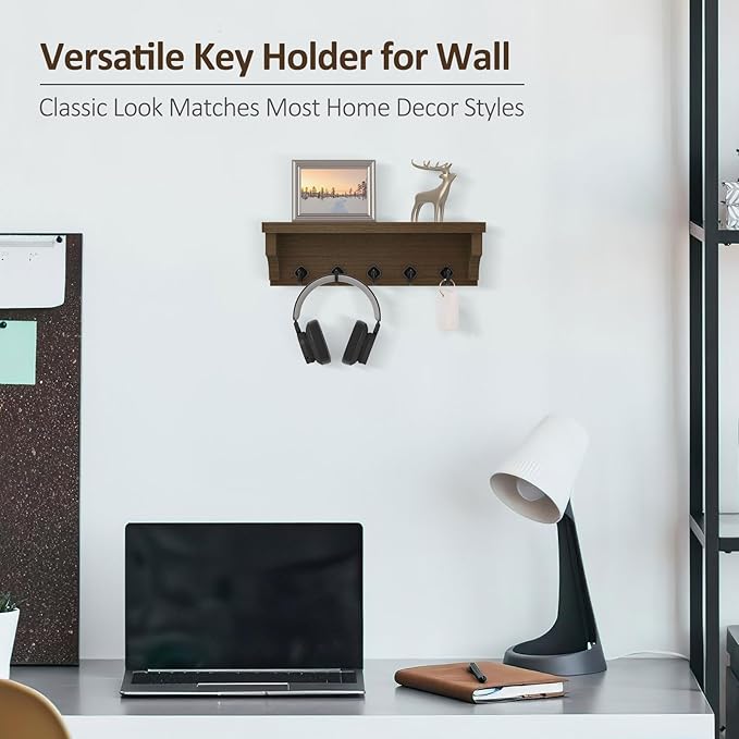Nekon Key Holder for Wall, 11.8" W x 3.5" H x 2.8" D Decorative Key Organizer with Floating Shelf, Wall Mount Key Rack with 5 Hooks (Rustic Brown)