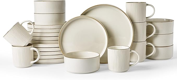 Famiware Star 24-Piece Stoneware Dinnerware Sets with Trim, Service for 6 - Ceramic Mugs, Plates, Bowls, Dishes for Everyday/Party/Formal Use, Chip/Scratch Resistant, Microwave/Dishwasher Safe, White