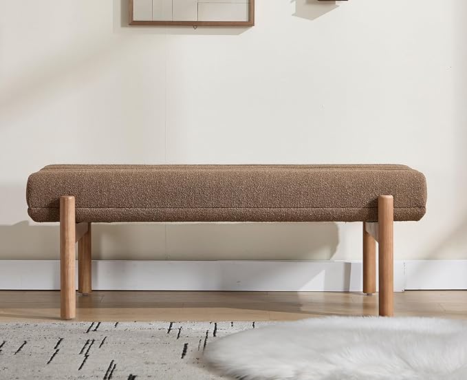 EALSON 47 Inch Entryway Bench Fabric Upholstered End of Bed Bench Modern Bedroom Bench with Cylindrical Cushion and Solid Wood Frame Comfy Chenille Long Ottoman Bench for Bedroom Living Room, Brown